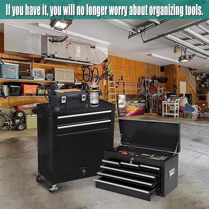 8-Drawer Rolling Tool Chest – 2-in-1 Lockable Tool Box with Wheels, Sliding Drawers & Detachable Top – Garage & Workshop Storage Cabinet, Black