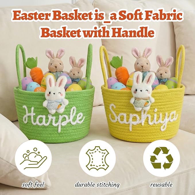 Personalized Easter Basket for Kids with Name - Custom Cute Embroidery Easter Bunny Rope Basket for Boys Girls, Easter Egg Hunt Basket (Two Handles+7 Colors)