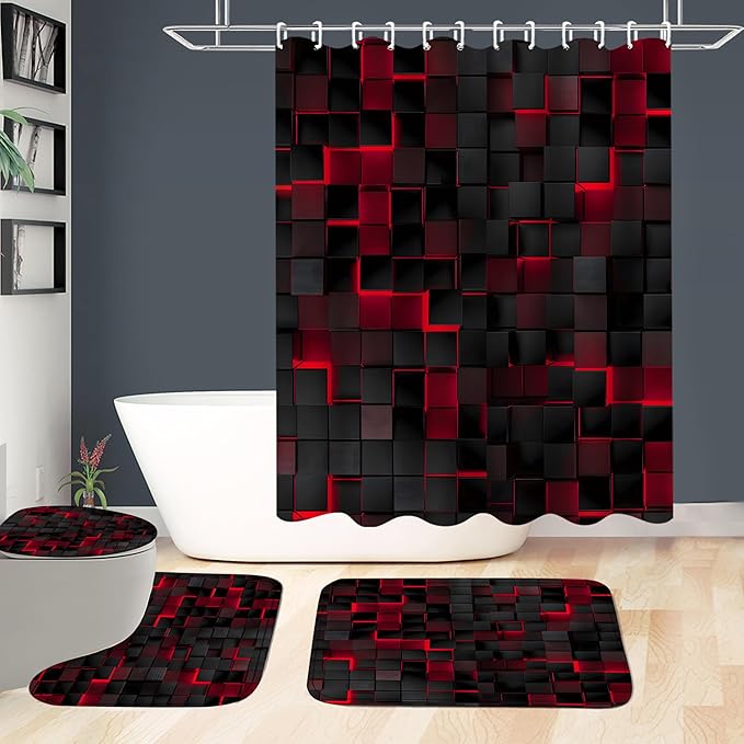 4Pcs Shower Curtain Set Black 3D Cubes Shower Curtain Set Modern Bathroom Sets with Shower Curtain and Rugs Red Shower Curtain with 12 Hooks
