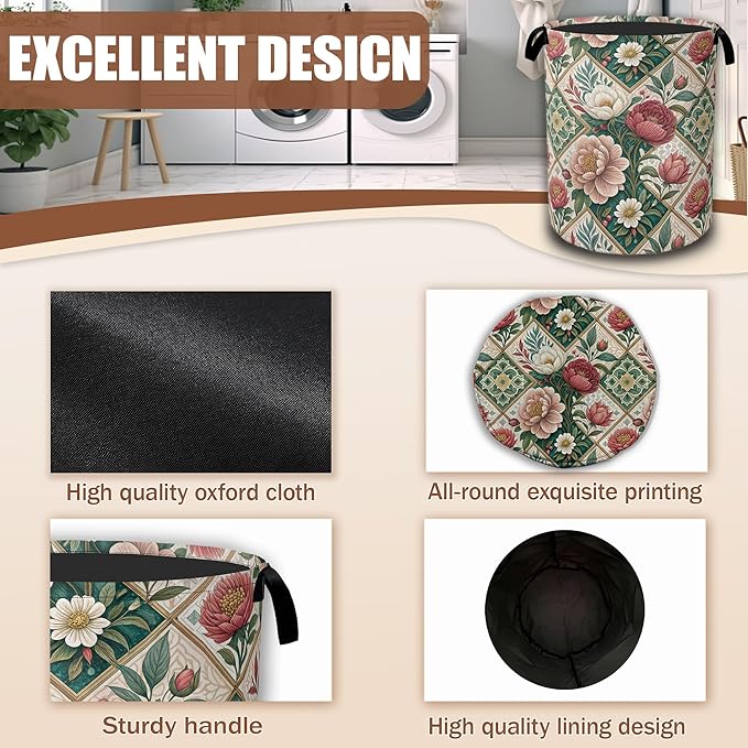 Elegant Floral Laundry Basket,Waterproof Foldable Vintage Peonies Roses Laundry Hamper,Dirty Clothes Basket, Linen Bin Storage Organizer Collection 16" x 20.8"
