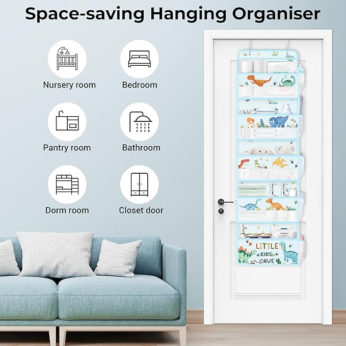 Clastyle Dinosaur Over the Door Organizer Tree Nursery Hanging Storage Organizer for Kids Clothes Diaper Toy Closet Door Hanging Shelf Storage for Bedroom Bathroom Pantry, Blue, 5-Tier
