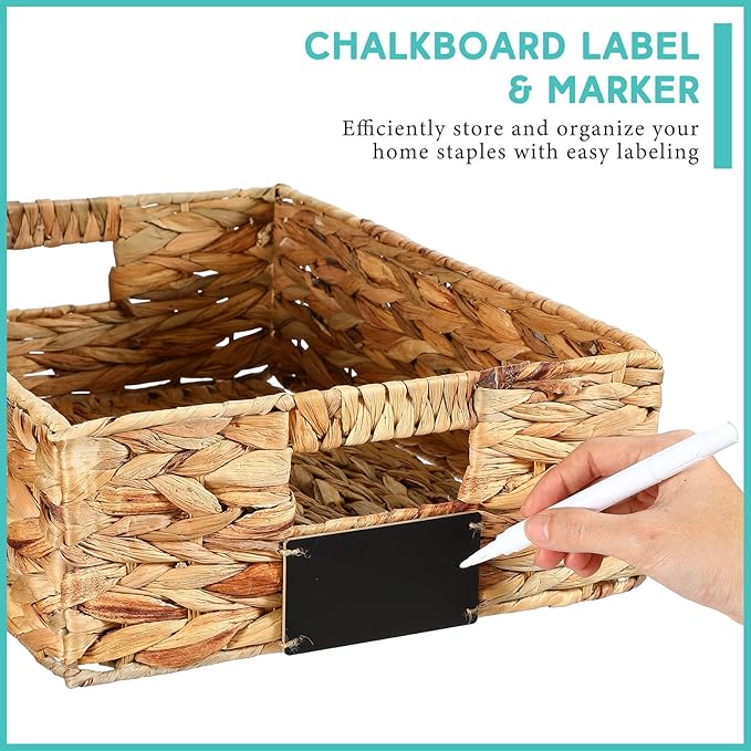 Nitial 8 Pcs 16 x 12 x 5 Inch Wicker Storage Basket, Rectangular Water Hyacinth Storage Baskets for Shelving, Foldable Woven Pantry Organizer with Chalkboard Label and Chalk Marker (Natural)