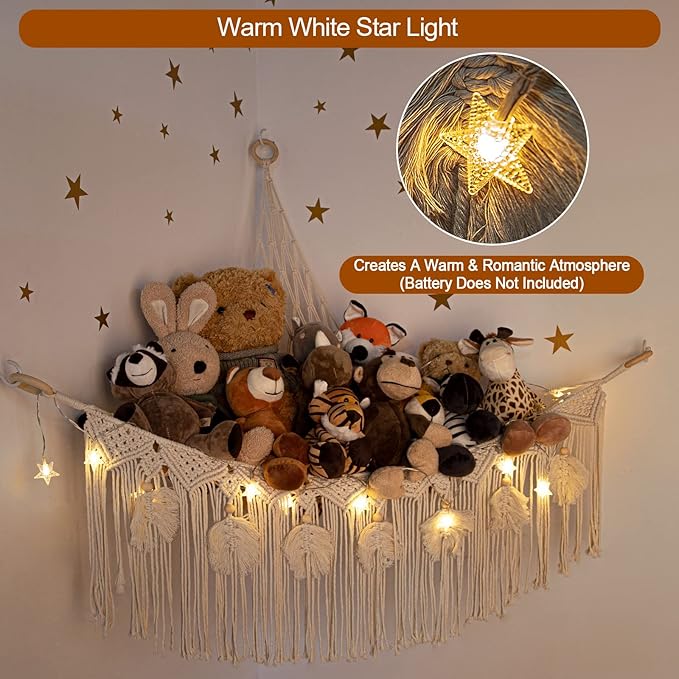 ANROYE Macrame Stuffed Animal Toy Net Hammock with Star Light, Small Plushies Boho Storage for Nursery, Corner Wall Hanging Organizer for Kid, Bohemian Woven Decor Display Holder for Girls Boy Gift