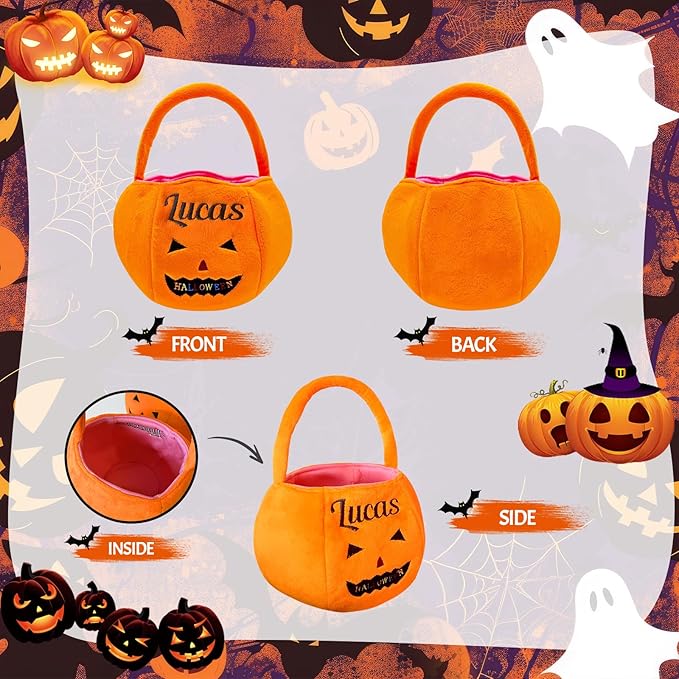 Personalized Halloween Baskets for Kids Trick or Treat Bucket| Custom Name Embroidered for Trick or Treat Bags- Halloween Pumpkin Candy Treat Bucket