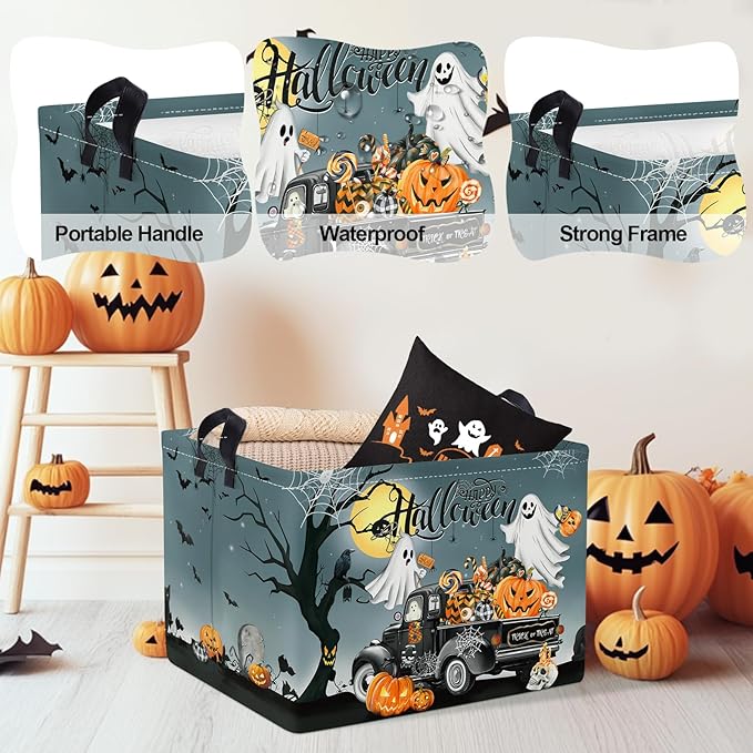 Clastyle Halloween Pumpkin Storage Basket Kid Spooky Book Gift Basket Empty Outdoor Graveyard Jack-o-lantern Boo Bin Baby Nursery Clothes Hamper Toy Box,Ghost Truck,40*30*30 cm