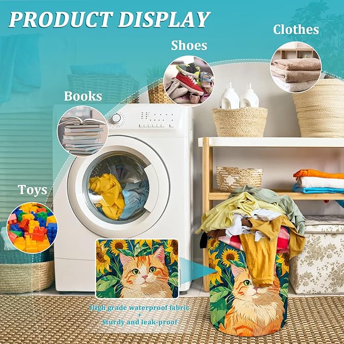 Cat Sunflower Laundry Basket, Foldable Waterproof Oxford Cloth Laundry Hamper Funny Tote Bag Dirty Clothes Storage Bucket Toy Organizer for Bathroom/Laundry/Bedroom 15.7"x19.6"