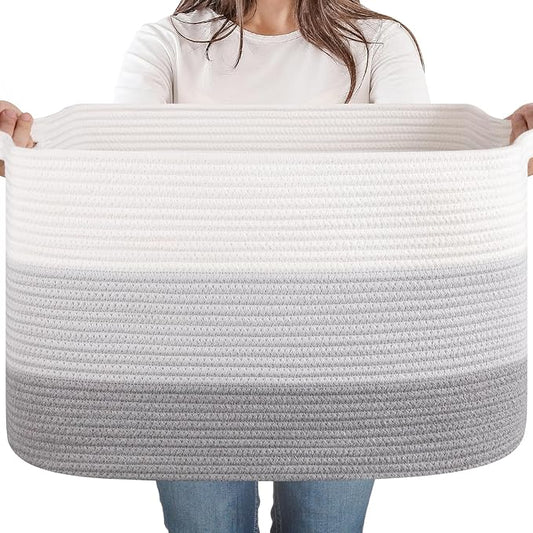 65L Large Storage Basket, Cotton Rope Woven Blanket Basket, Toy Storage for Baby Room, Living Room, Gradient Grey