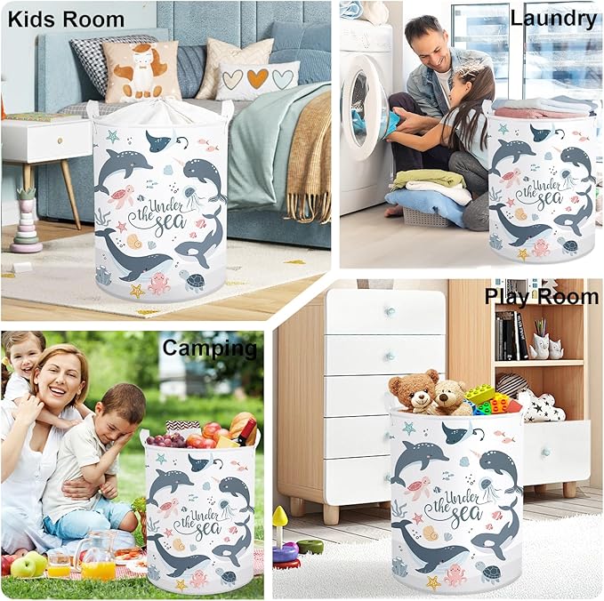 Sea Animals Laundry Hamper Ocean Fish Coral Large Storage Basket Parents Organizer Kids Clothes Toy Bins for Bedroom, Bathroom, Blue Dolphins, 63L