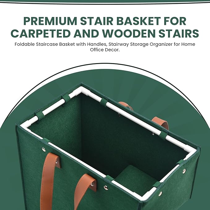 Stair Basket for Wooden and Carpeted Stairs with Durable Internal Support Frame - Foldable Stair Basket with Leather Handles, Versatile Laundry Organizer for Stairs (16”L x 10”W x 16”H)