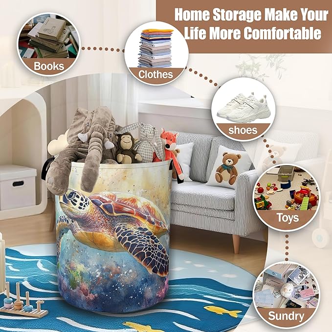 Watercolor Sea Turtle Laundry Baskets,Laundry Hamper,Storage Basket with Handles for Bathroom Bedroom College Dormitory Living Room Nursery Organizer 16"x20.8"