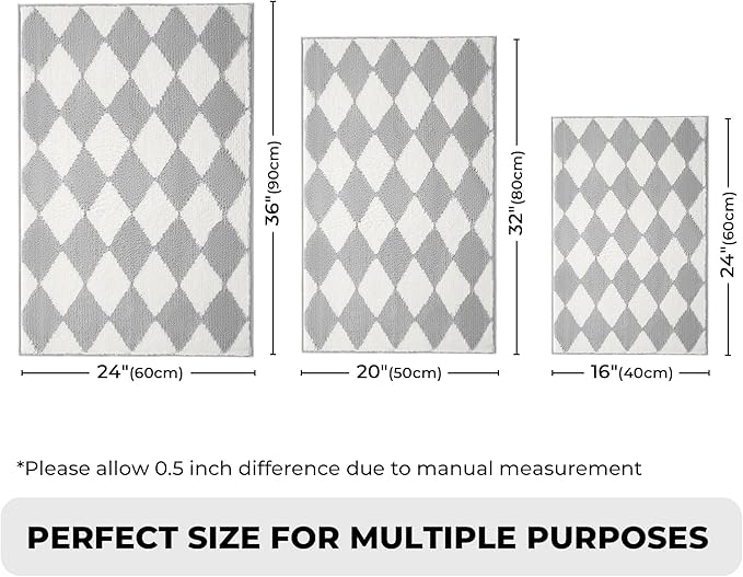 GRANNY SAYS Diamond Bathroom Rugs, 16" x 24", Non-Slip Bath Mats for Bathroom, Plush Shag Absorbent Microfiber Ultra Soft Bath Mat, Cute Washable Rug for Tub, Shower, Bedroom, Light Grey