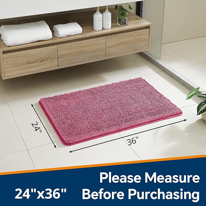 Hot Pink Bathroom Rugs 24"x36" - Plush Chenille Non-Slip Bath Mat - Absorbent, Washable, Soft and Thick Decor for Shower, Sink, Tub, Home Accessories