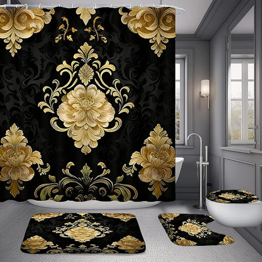 4Pcs Luxury Damascus Gold Flower Pattern Shower Curtain Set with 12 Hooks Non-Slip Rugs,Toilet Lid Cover and Bath Mat,Dark Gold Bathroom Decor for Hotel & Home Bathroom