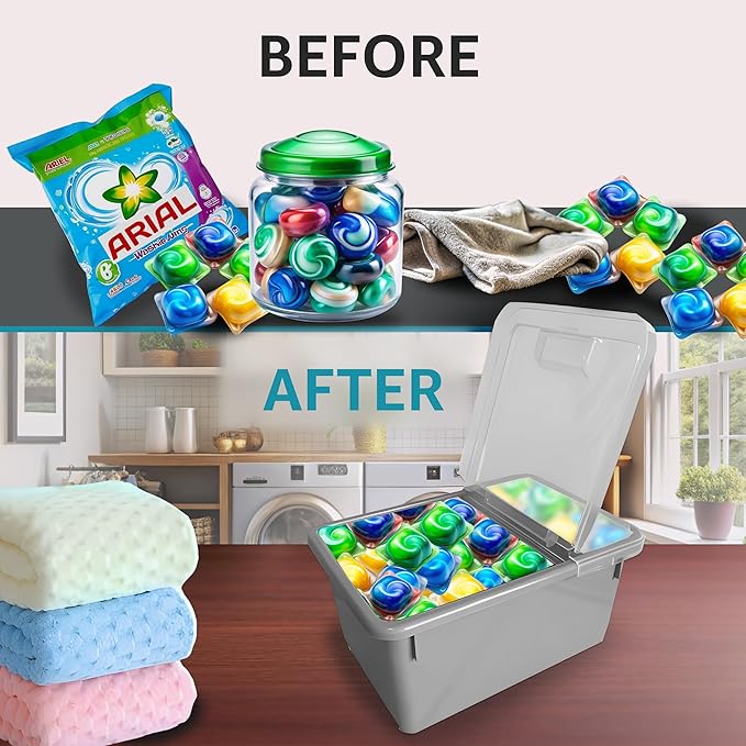 Skywin TidyFriend Laundry Pods Container with Lift Up Lid, 12.4" x 6.5" x 8.7", Airtight Storage Keeps Pods Fresh, Laundry Detergent Container & Dishwasher Pod Holder (Grey)