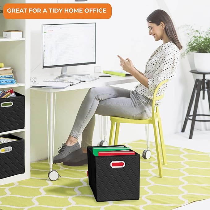 FH Group JIAessentials 11" Faux Leather Foldable Storage Cube Bins Set of 2 – Black Diamond Patterned Organizers with Handles for Closet & Shelves