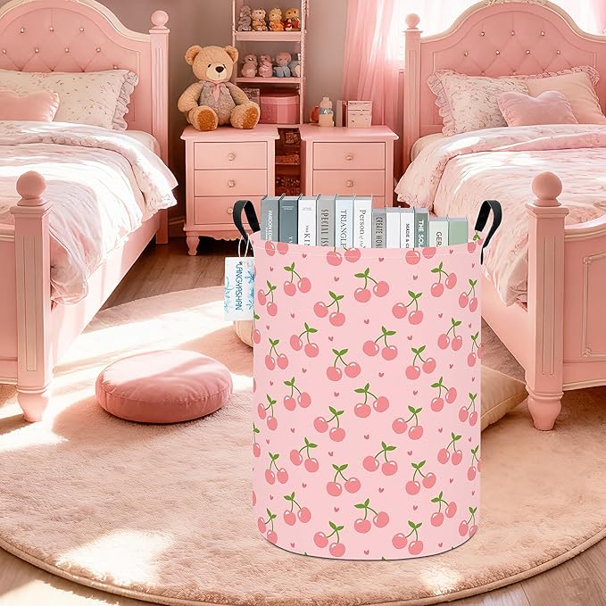 LANGYASHAN Laundry Basket Canvas Fabric Collapsible Organizer Basket for Storage Bin Toy Bins Gift Baskets Bedroom Clothes Children Nursery Hamper (Pink Cherry)