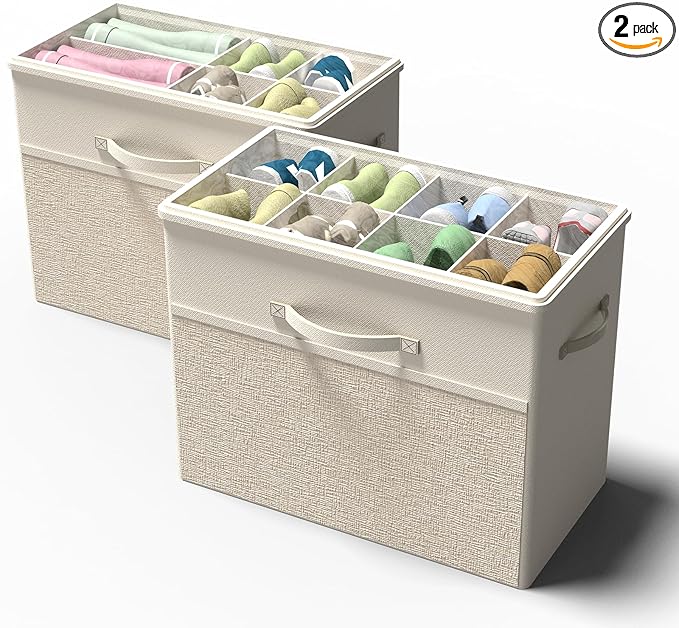 2 Pack Shoe Organizer for Closet, Clear Foldable Shoe Storage Containers Fits 14 Pairs,Shoe Storage Bins Baskets Boxes with Reinforced Handles Beige Shoes Organize