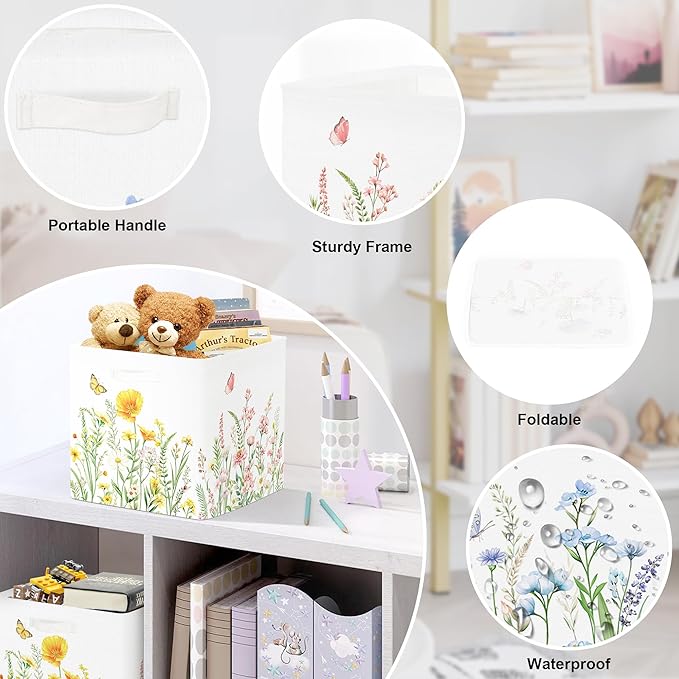 11.8" Wild Flower Storage Cube Organizer Set 3Pcs Clothes Storage Basket Bin for Closet Shelf Garden Butterfly Nursery Kid Room Book Toy Chest, Plant Bush
