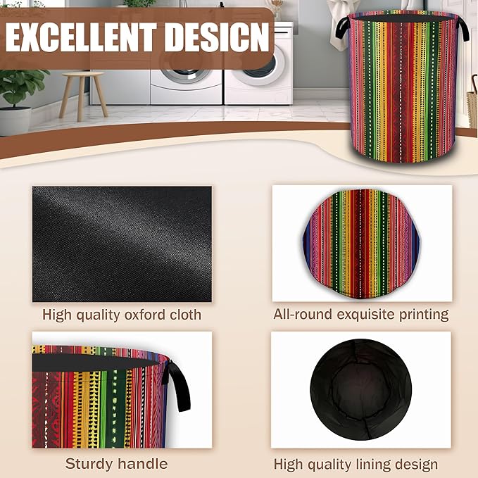 Mexican Laundry Basket,Ethnic Stripes Rainbow Laundry Hamper Waterproof Oxford Cloth Tote Collapsible,Clothes Storage Bucket Decorative Toy Organizer For Bathroom Bedroom 16" x 20.8"