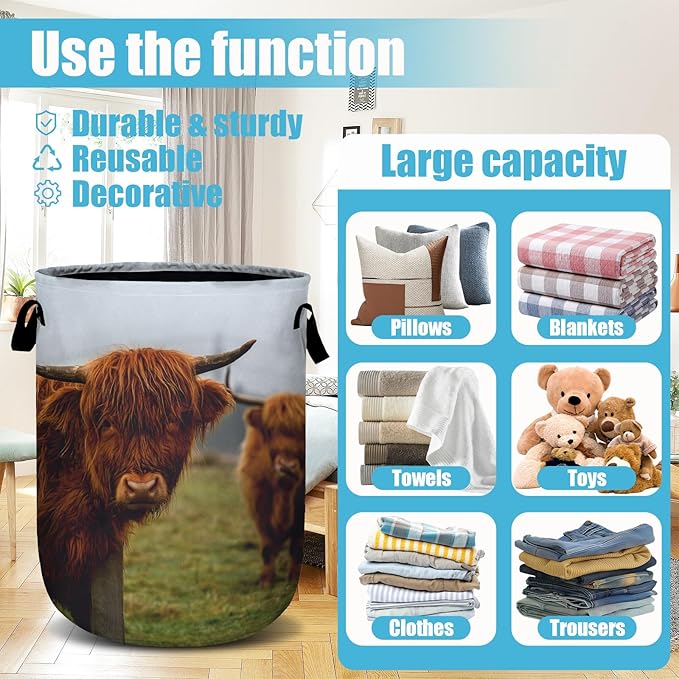 Highland Cow Laundry Basket, Laundry Hamper Collapsible Oxford Cloth with Handle Clothes Toy Storage Bin for Bathroom Laundry Room Bedroom 15.7 X 20 Inch