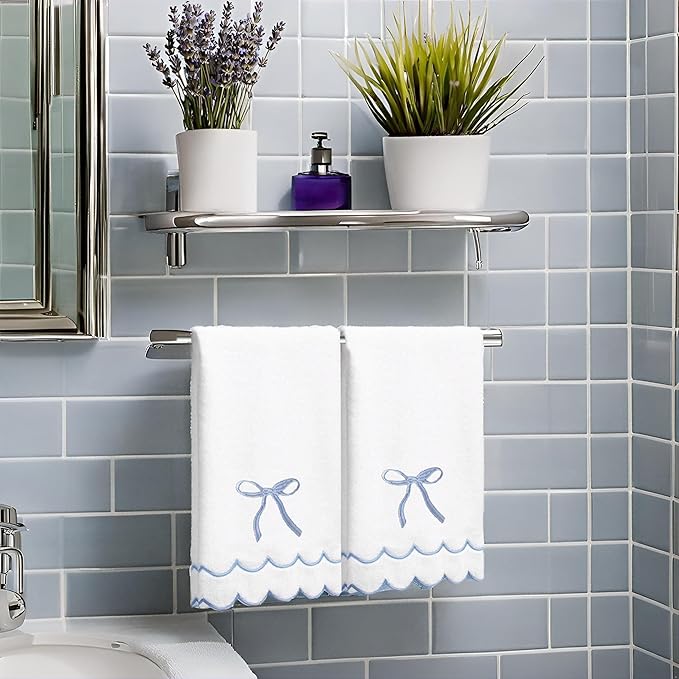 2 Pcs Coquette Bow Hand Towels 15.75 x 27.56 Inch Scalloped Embroidered Dish Towel 100% Cotton Cute Preppy Decorative Bath Hand Towel for Kitchen Bathroom (Blue)