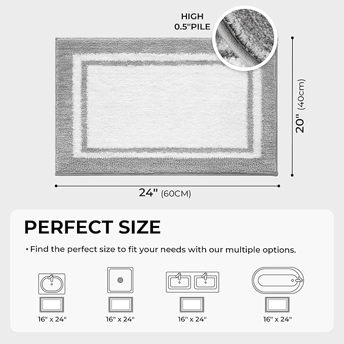 GRANNY SAYS Microfiber Bathroom Rugs Non Slip Washable, Water Absorbent Bathrooms Mats for Tub Non Slip, Small Soft Bath Mats for Bathroom Floor & Shower, 16" x 24", Grey Bath Mat Towel