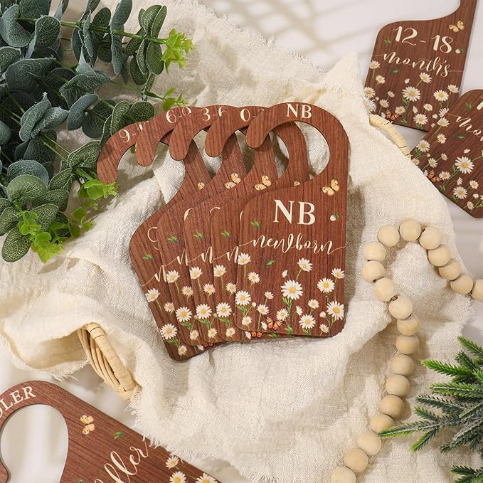 Whaline 8Pcs Daisy Baby Closet Size Dividers Hanging Wooden Baby Closet Organizers Newborn to Toddler Rustic Floral Butterfly Infant Wardrobe Organizers for Home Nursery Bedroom