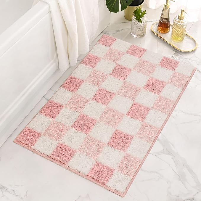 GRANNY SAYS Checkered Pink Bathroom Rugs Decor, 36" x 24", Fluffy Rug, Absorbent Microfiber Ultra Soft Bath Mat Washable, Non-Slip Bath Mats for Bathroom, Cute Floor Mat for Tub, Shower, Bedroom
