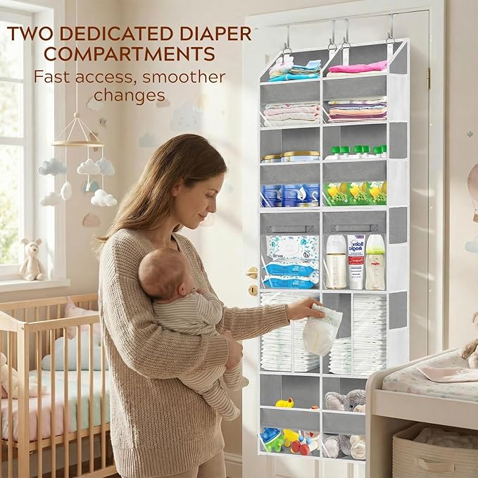 Over the Door Organizer 5 Tiers with Removable Drawers, Extra Large Door Storage of 6 Compartments & 2 Diaper Storage, Double-Column Clear Window Door Hanging Organizer for Nursery,Closet,Pantry(Gray)