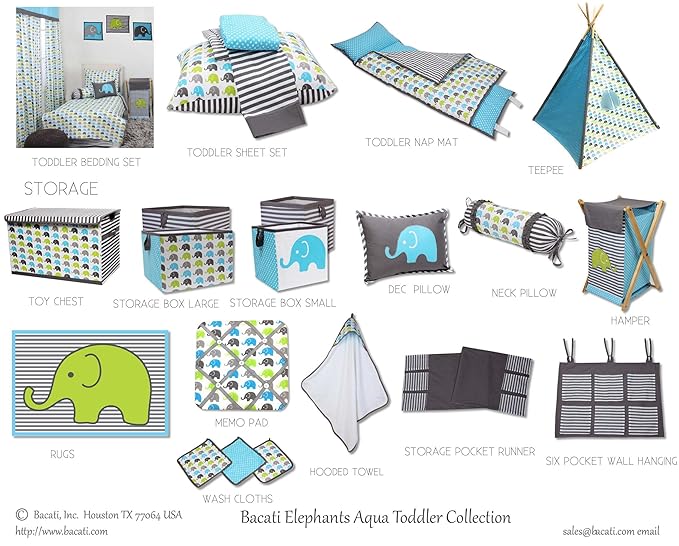 Bacati - Large Storage Tote Elephants Aqua/Lime/Grey 14 x 14 x 10 inches