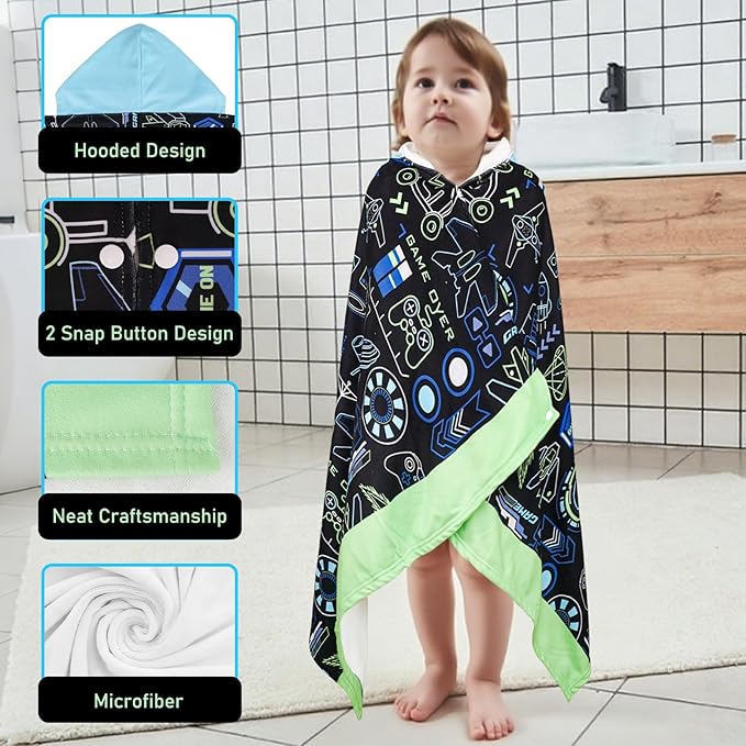 Hooded Towels for Kids Game 60" x 35" Toddler Bath Beach Towel Poncho with Hood Super Soft and Absorbent 100% Microfiber for Boys Ages 5-12