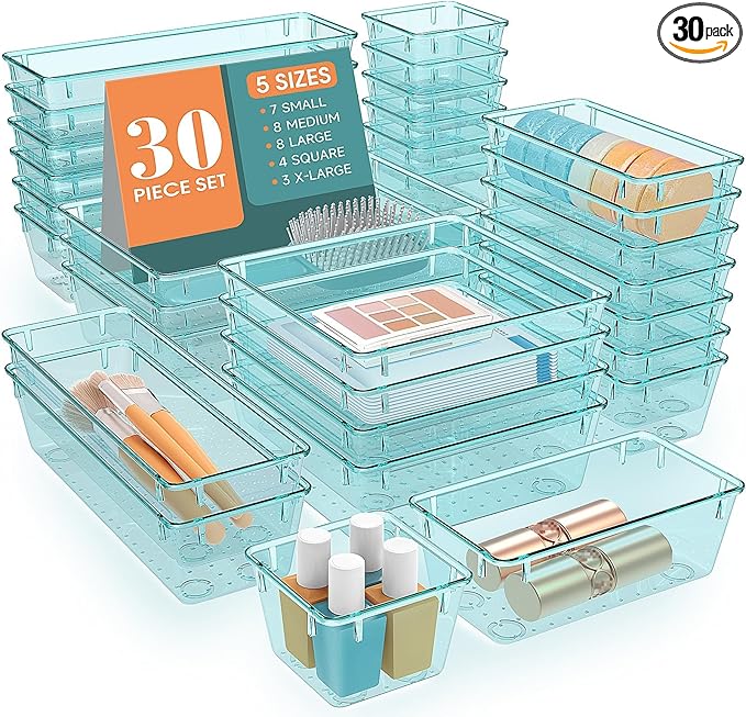 WOWBOX 30 PCS Clear Plastic Drawer Organizer Set, 5 Sizes Desk Drawer Divider Organizers and Storage Bins for Makeup, Jewelry, Gadgets for Kitchen, Bedroom, Bathroom, Office,Sea Blue