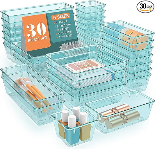 WOWBOX 30 PCS Clear Plastic Drawer Organizer Set, 5 Sizes Desk Drawer Divider Organizers and Storage Bins for Makeup, Jewelry, Gadgets for Kitchen, Bedroom, Bathroom, Office,Sea Blue