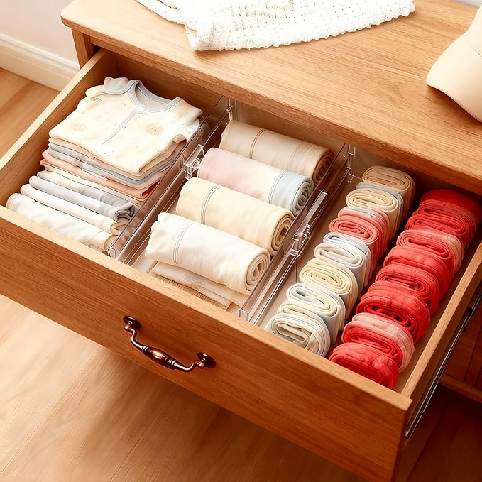 4 Pack Adjustable Drawer Dividers - 4" High Clear Expandable Dresser Organizers 10"-17" Length, Transparent Drawer Separators for Clothes, Underwear, Cosmetics & Kitchen Utensils Storage