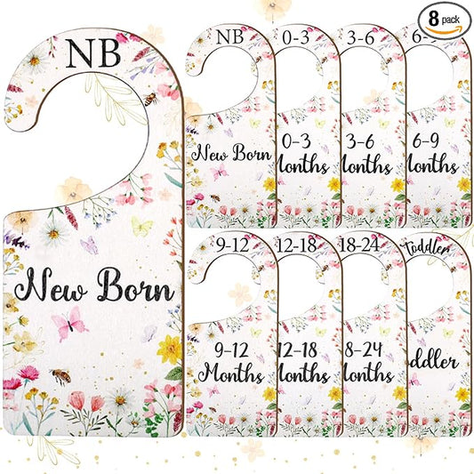 Baby Closet Dividers 8PCS, Wildflower/Floral Theme Wooden Double-Sided Clothes Size Hanger Organizer from Newborn to Toddler for Nursery Decor Baby Shower Birthday Gift