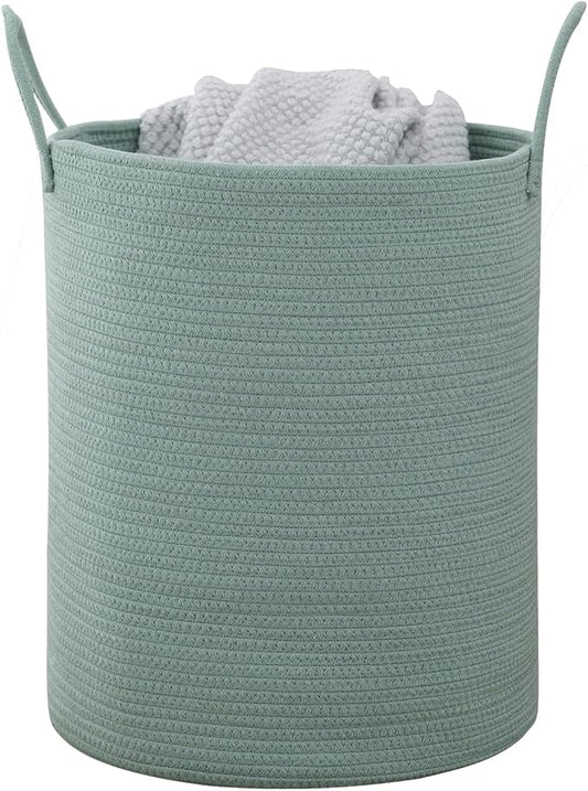 Woven Basket Nursery Laundry Hamper with Handles, Clothes Storage Organizer, Woven Basket for Boy Room Decor, Toy & Blanket Storage Bin, 15x15x18 Inch,Green,1pc