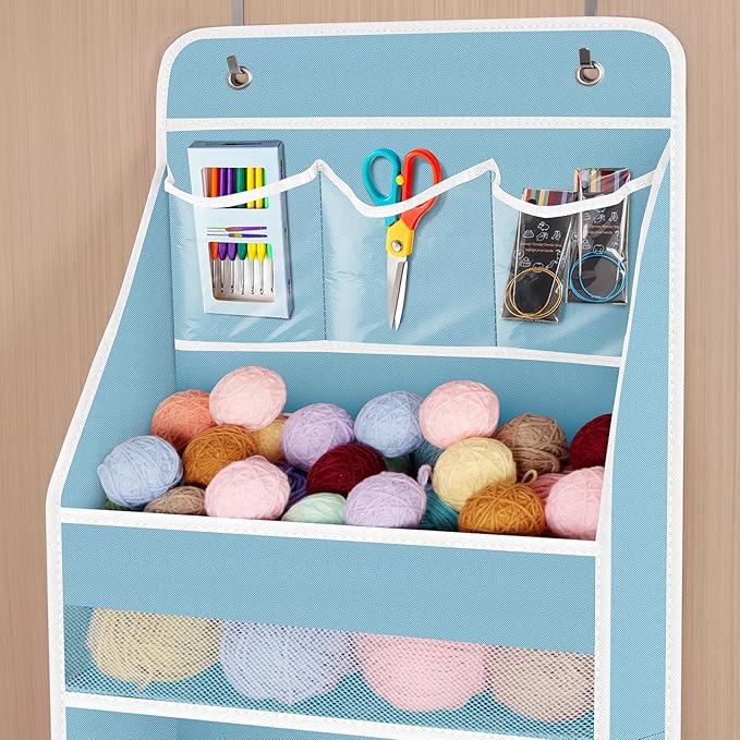 Univivi 6-Shelf Over Door Hanging Organizer Fabric Baby Door Storage with 5 Large Pockets and 3 Small PVC Pockets Wall Mount Hanging Storage Organizers for Baby Essential (Blue)