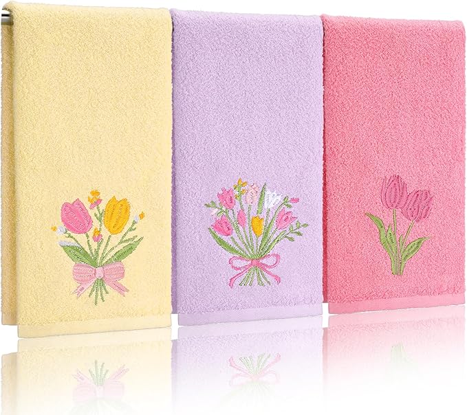 3 Pcs Tulips Bouquet Hand Towels Spring Pink Tulips Flower Bath Towels 14 x 29 Inch Floral Embroidered Decorative Cute Spring Summer Cotton Soft Absorbent Decor for Bathroom Kitchen Farmhouse
