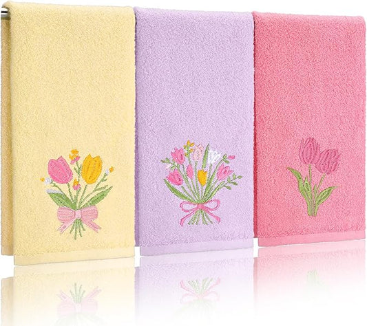 3 Pcs Tulips Bouquet Hand Towels Spring Pink Tulips Flower Bath Towels 14 x 29 Inch Floral Embroidered Decorative Cute Spring Summer Cotton Soft Absorbent Decor for Bathroom Kitchen Farmhouse