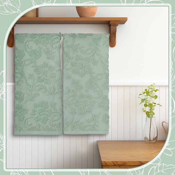 2 Pcs Quality Floral Jacquard Hand Towels Set for Bathroom Sage Green Hand Towels 100% Cotton Absorbent Decorative Weave Bath Decor Neutral Bathroom Decor Gift, 13.7 x 29.5 Inch