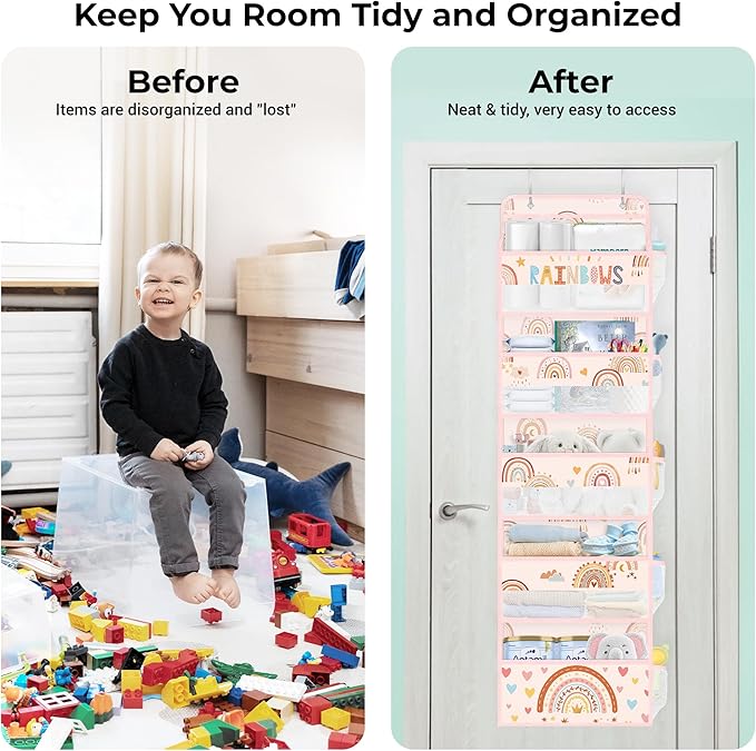 Clastyle Boho Rainbow Baby Clothes Diaper Over The Door Organizer Kid Pink Cloud Toy Stuffed Animal Nursery Hanging Storage Organizer Closet Door Hanging Shelf Storage for Bedroom Bathroom Pantry