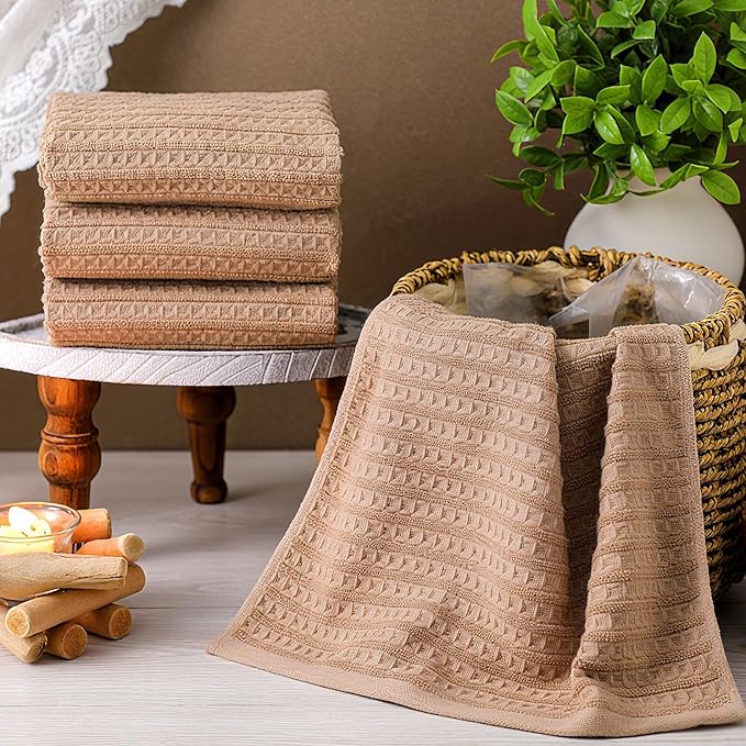4 Pack Brown Hand Towels Waffle Striped Pattern 100% Cotton Soft Hand Towels for Bathroom 13 x 29 Inch Absorbent Waffle Washcloths for Bathroom Kitchen