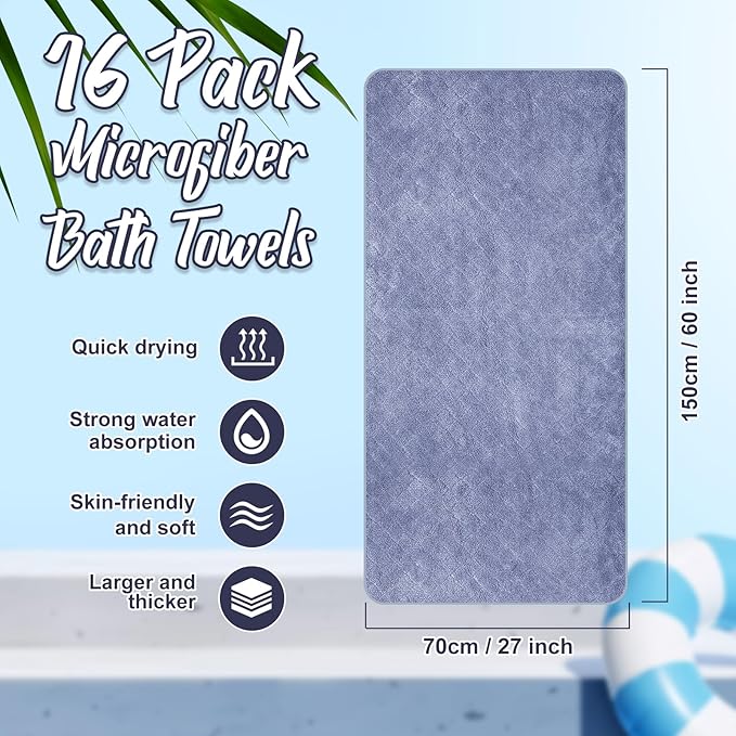 16 Pack Microfiber Bath Towels Bulk 27'' x 60'' Oversized Size Bath Towel Highly Absorbent Extra Large Soft Drying for Shower Beach Winter Salon Sport Gym Party (Diamond,Light Grey)