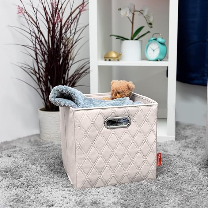 FH Group JIAessentials 12" Faux Leather Foldable Storage Cube Bins Set of 2 – Beige Diamond Patterned Organizers with Handles for Closet & Shelves