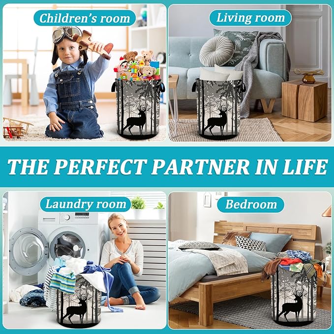 Deer Pine Tree Laundry Basket, Foggy Forest Laundry Hamper Foldable Waterproof Funny Tote Bag Dirty Clothes Storage Bucket Toy Organizer for Bathroom/Laundry/Bedroom 15.7"x19.6"