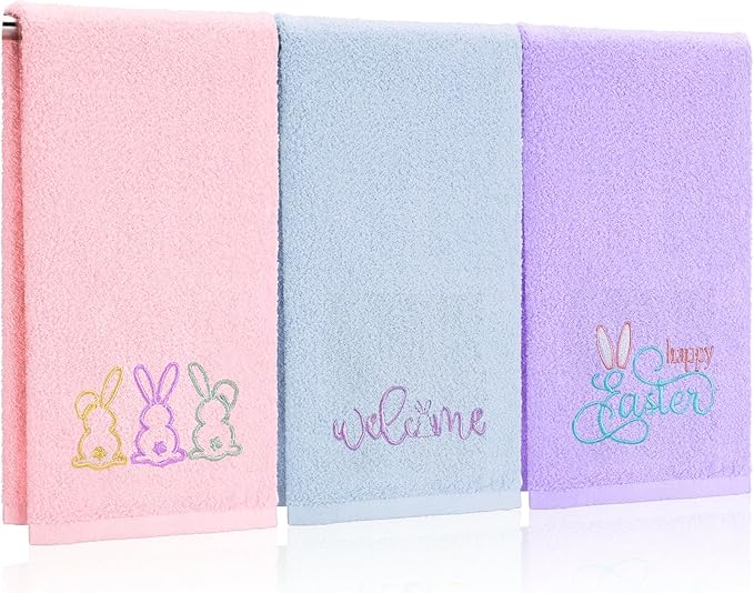 3 Pack Easter Hand Towels 13.4 x 29.2 Inch Cotton Embroidered Happy Easter Bunny Bathroom Towel Absorbent Decorative for Hand Drying Cleaning Gift