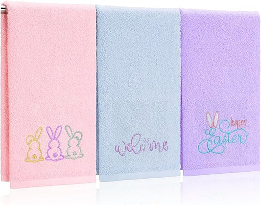 3 Pack Easter Hand Towels 13.4 x 29.2 Inch Cotton Embroidered Happy Easter Bunny Bathroom Towel Absorbent Decorative for Hand Drying Cleaning Gift