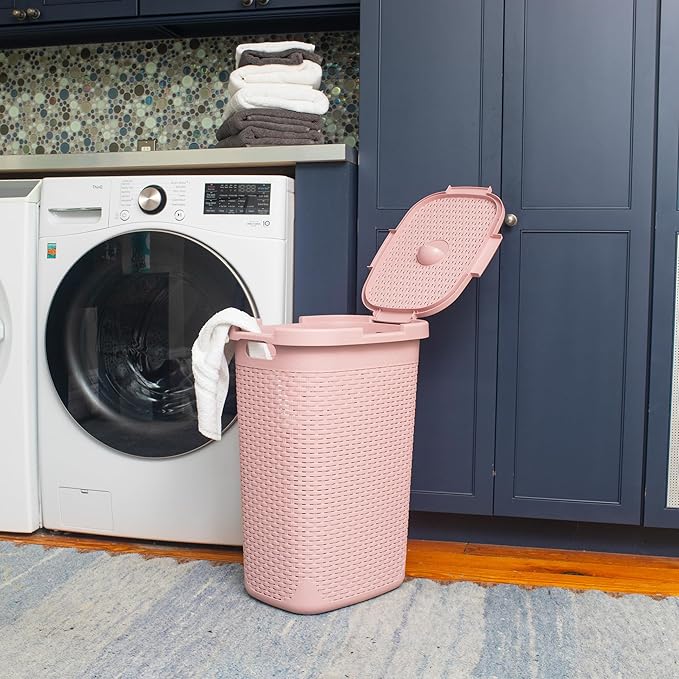 Mind Reader Slim Laundry Hamper with Lid, 60L Clothes Baskets, Premium Wicker Design, Plastic, 2-Pack, Pink