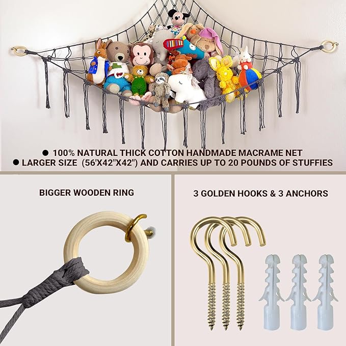 Large Stuffed Animal Hammock Corner - Stuffed Animal Storage - 100% Natural Cotton Macrame Stuffed Animal Net - Stuff Animal Organizer - Net for Stuffed Animals Corner Large-Gray