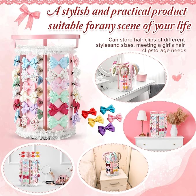 Remerry Pink Hair Bow Holder for Girls Gift Rotating Bow Organizer Stand with Headband Hanger Hair Clips Accessories Display Rack for Baby Nursery Toddler Room Decor